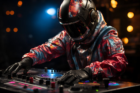 Astronaut in helmet plays dj, colorful illustration with design. Concept of isolated technologies. Generated AIの素材