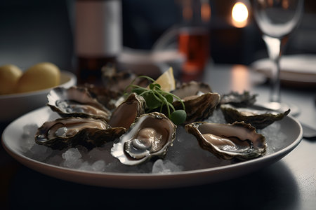 Dish with oysters with lemon and ice on the table, close-up in the restaurant. The concept of cooking seafood. Generated AIの素材