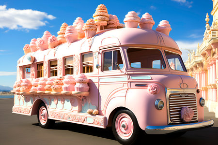 pink trailer covered with ice cream, dessert on wheels. isometric illustration. 3D van. Isolated against a blue sky with white clouds, on the streets of the city, generated by AIの素材
