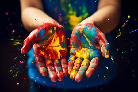 Cute hand-drawn child's hands in multi-colored paints, with iridescent splashes in the background, a celebration of color, drawings from the heart. created by AIの素材