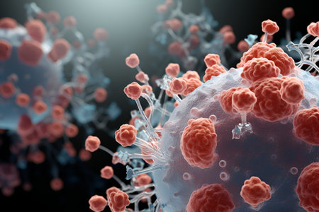 Body cells under a microscope. Stem cell research. Cell therapy and regeneration. 3D illustration. The concept of nanobiotechnology. scientific microscopic medicine. AI generatedの素材