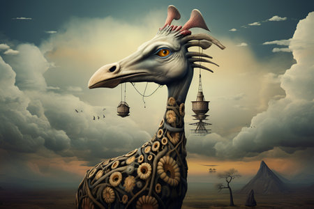 A surreal artistic image of a non-existent animal, painted with abstract flora, standing proudly against a foggy steppe background, surrounded by natural and unnatural elements. AI generatedの素材