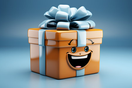 Yellow gift box with eyes, with a blue ribbon and a big bow on a blue blurred background with a big smile, a character for a Christmas design. AI generatedの素材