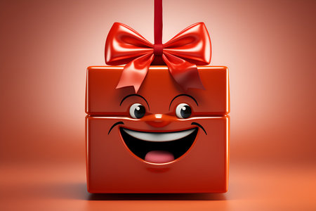 Awesome cute smiling red cartoon box with expressive eyes, on a blurred pink background. gift card. love holiday concept. Happy Valentine's Day. AI generatedの素材