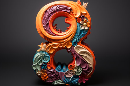 3D orange number 8 in flowers on a dark background, women's holiday concept, spring moodの素材