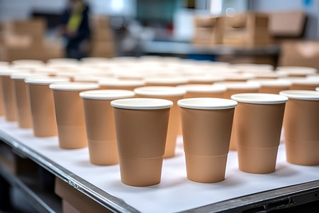 Set of paper cups made in graphic style, coffee banners icon on blurred background close up, with blank corporate design. Eco-friendly disposable tableware!の素材