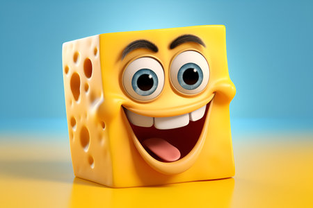 Cute and funny piece of cheese jumping for joy, for kids restaurant menu, fast food banner, isolated on blurred yellow and blue background.の素材