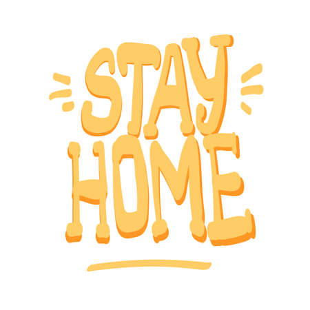 Sticker with phrase Stay Home. Hand drawn doodle lettering in yellow color.のイラスト素材