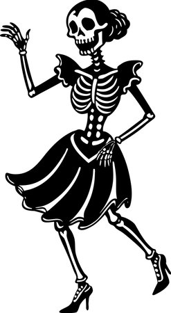 Dancing skeleton silhouette set in vintage Halloween style, spooky festive bone characters dancing. Vector illustrationのイラスト素材
