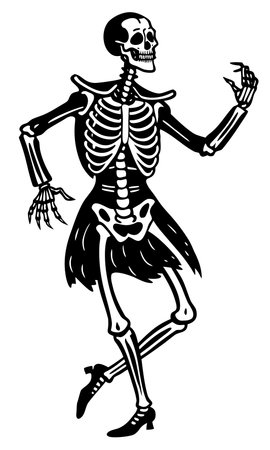 Dancing skeleton silhouette set in vintage Halloween style, spooky festive bone characters dancingのイラスト素材