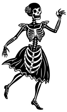 Dancing skeleton woman silhouette set in vintage Halloween style, spooky festive bone characters dancingのイラスト素材