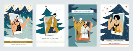 Vector illustration of christmas postcards with stylish men women and couple in trendy hygge colors...