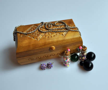 wooden box for jewelry, chain, earringsの写真素材