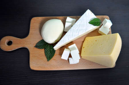 beautiful still life from different kinds of cheeses - mozzarella, feta, brie, Dutchの写真素材