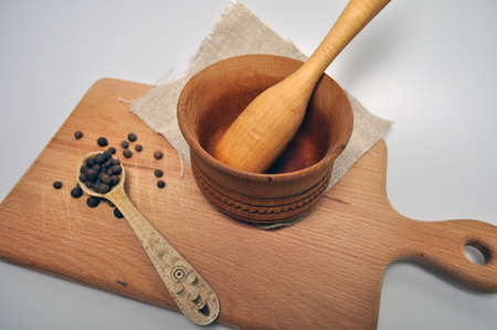 wooden kitchen accessories isolated on grayの写真素材