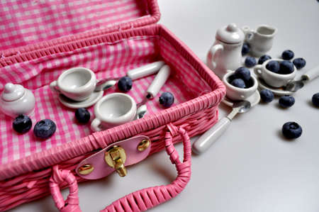 round blueberry berries with ceramic white dishes and a pink picnic basketの写真素材