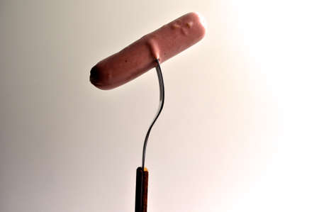 food - three sausages on a gray plate with vegetablesの写真素材