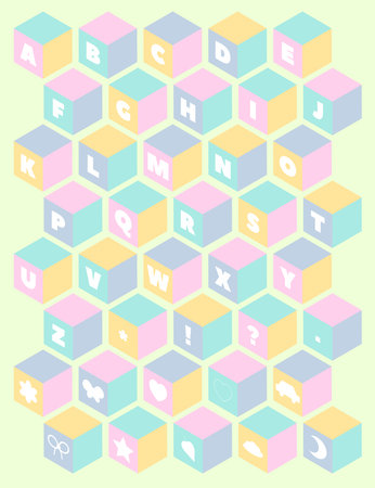 Baby toy building blocks. Vector alphabet Blocks. Kids alphabet and numbers block set. 3D isometric Cubes Numbers and Symbolsのイラスト素材