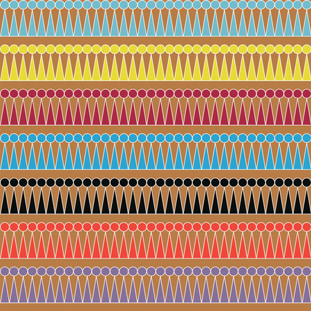 Colorful circles and rectangles on brown background. Abstract geometric seamless vector pattern. Mid century style. Boho wallpaper. Retro wallpaper. Ethic motifのイラスト素材