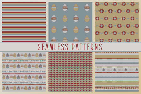 Set of abstract seamless patterns. Easter and ethnic boho style. For background, greeting card, textile, wrapping paper.のイラスト素材