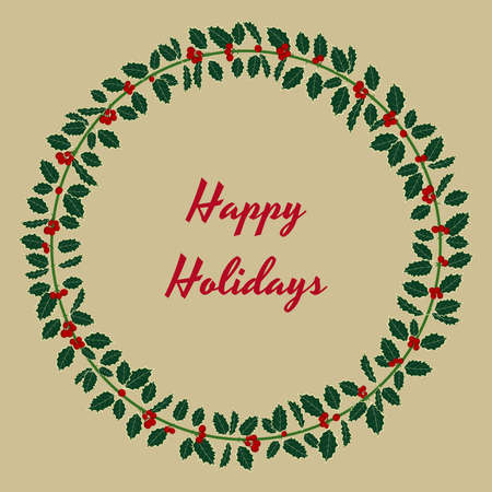 Happy holidays greeting card. Holly wreath. New Year and Christmas decoration. Green leaves and red berries. Retro style.のイラスト素材