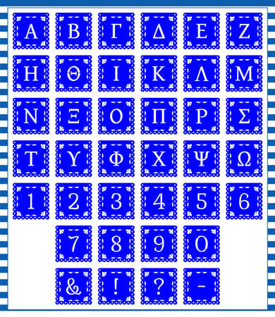 Greek alphabet. Paper flags with letters and numbers. Cut out abc.のイラスト素材