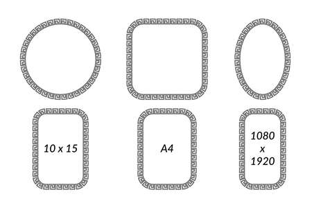 Set of frames with ancient greek meander ornament. Monochrome photo borders. Vector.のイラスト素材