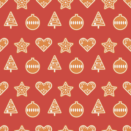 Christmas seamless pattern. Festive background with gingerbread cookies on red. Vector illustration. For textile, wrapping paper, wallpaper, stationary, Christmas card.のイラスト素材