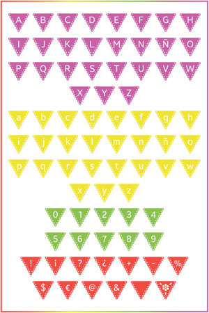 Paper flag papel picado alphabet.  Traditional Mexican party decoration. Paper cut out garland flags. Fiesta bunting.のイラスト素材