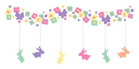 Easter banner. Flowers garland and Easter bunnies. Festive border. Vector illustration.のイラスト素材