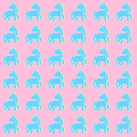 Blue unicorn in a pink world. Over a pink background.の写真素材