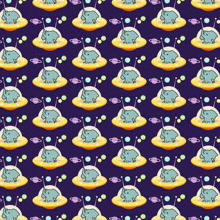 Illustration of a cute kawaii astronaut elephant flying a spacecraft in the Galaxy. The little elephant is admiring the stars and planets. Background full of stars. Childish design for the whole family.の写真素材