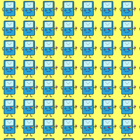 Ice cream lover video game  Illustration of a happy and cute video game device eating a three-scoop ice cream.の写真素材