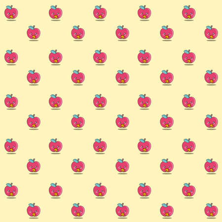 Pattern of a illustration of an cute red apple eating pepperoni and pepper pizza. Healthy food eating fast food. Now weâve seen everything!の写真素材