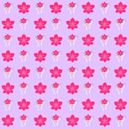 Pattern of an illustration of a pink orchid held in the air by two female hands.   Orchid as...