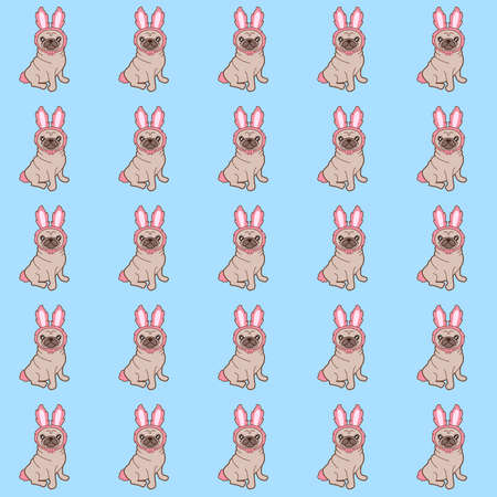 Pattern of a kawaii illustration of a cute little chubby pug dog in a tiny bunny costume. How adorable is this?の写真素材