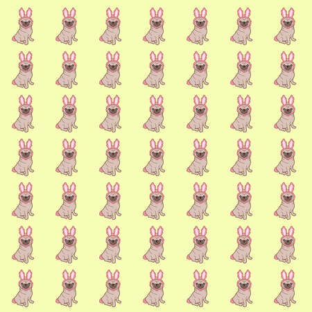 Pattern of a kawaii illustration of a cute little chubby pug dog in a tiny bunny costume. How adorable is this?の写真素材