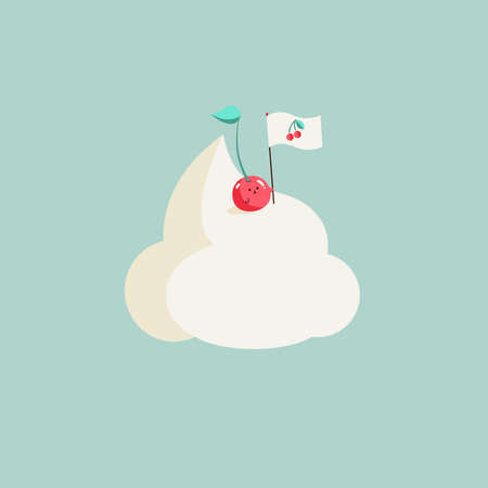 Kawaii Summer illustration of a cherry fruit placing a cherry flag on the top of a mountain made of...