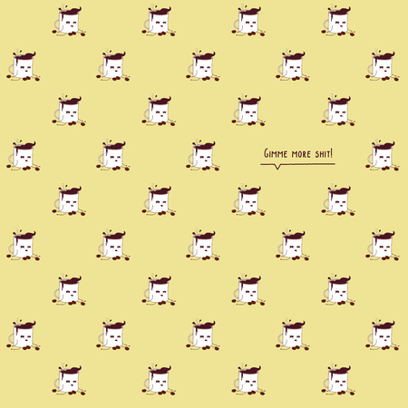 Pattern based on my kawaii illustration of a wasted addicted coffee mug tired while sitting on the floor and asking for more coffee: âGimme me more shit!â.  The cup is surrounded by coffee grains and filled to the top with fresh coffee. Drugs can be everything!の写真素材