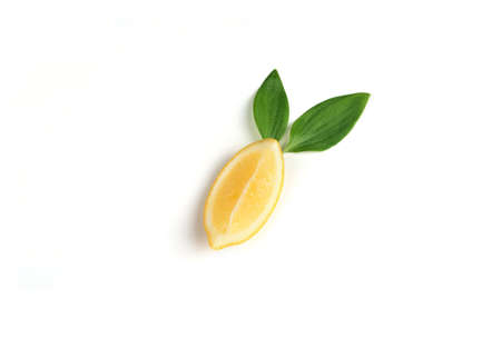 Ripe and fragrant yellow lemon with green leaves. Lemons isolated on white background.の写真素材