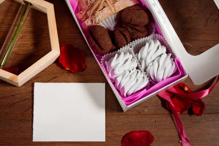 White postcard for writing on the open tableの写真素材