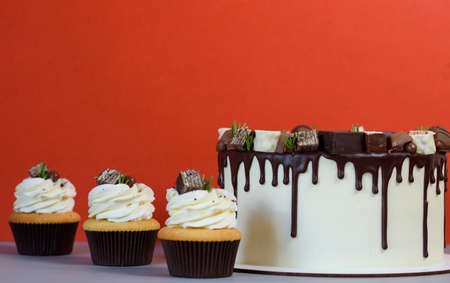 beautiful cake with chocolate icing and delicious cupcakes with vanilla cream on a colored...
