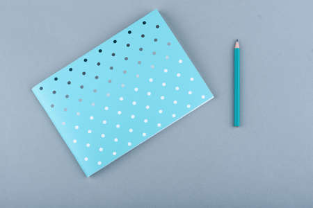 Blue notebook with a blue pencil, on a gray background