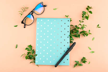 Beautiful blue notebook in a circle with a pencil, glasses, green leaves, on a colored background.の写真素材