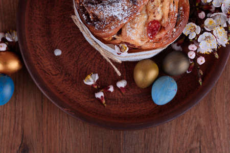 Delicious pastry baking. Easter cake with filling. Quail eggs. Flowers, table, dishes Beautiful...