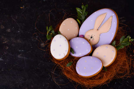 Fragrant Easter cake, with beautiful decor on the tableの写真素材