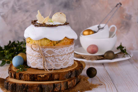 Fragrant Easter cake, with beautiful decor on the tableの写真素材