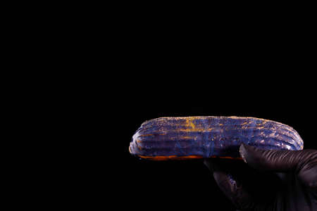 Beautiful bright eclair with slits on a dark background. Hands pastry chef in black gloves.