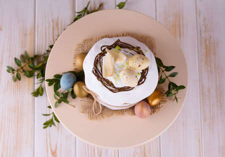 Fragrant Easter cake, with beautiful decor on the tableの写真素材