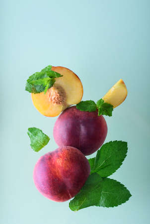 Tasty, ripe, aromatic peaches with fresh mint on a colored background. Effects of gravityの写真素材